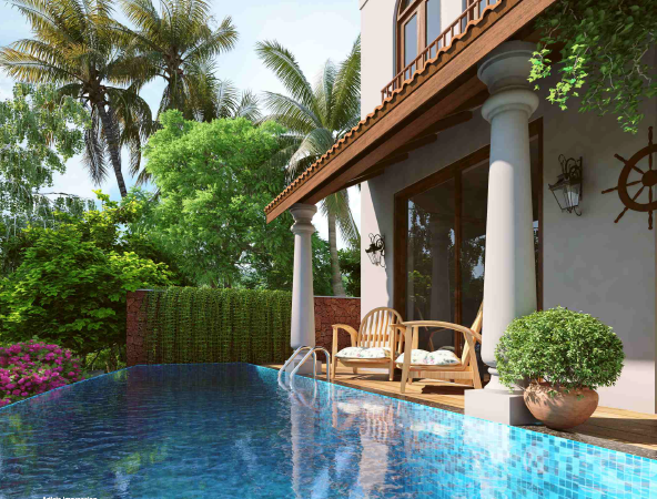 4bhk, villa, luxury villa, nachinola, north goa, gated complex, private pool, wooden deck