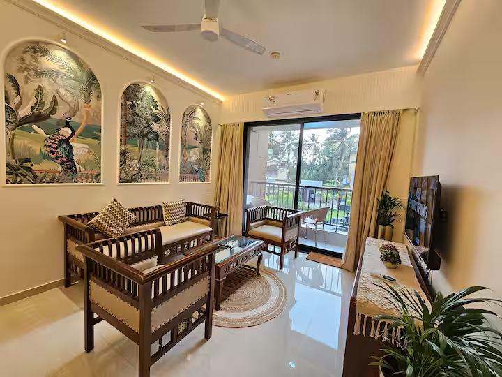 1bhk, 1bhk flat, 1bhk apartment, furnished, candolim, north goa, gated complex, pool, gym, candolim beach