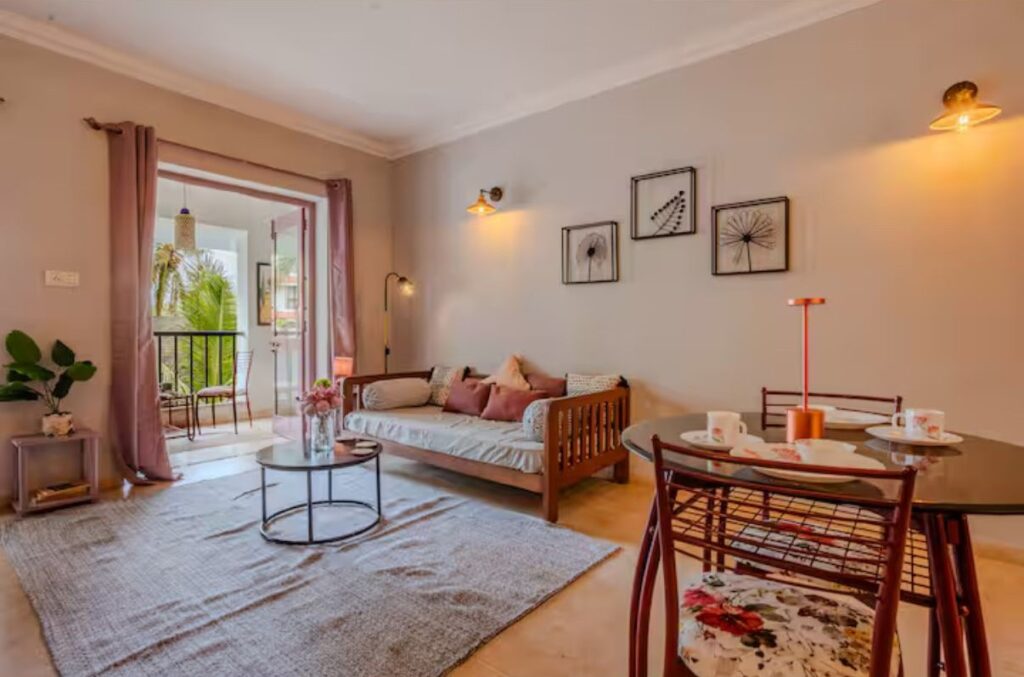 1bhk, apartment, furnished, gated complex, arpora, north goa, swiming pool, park, car park